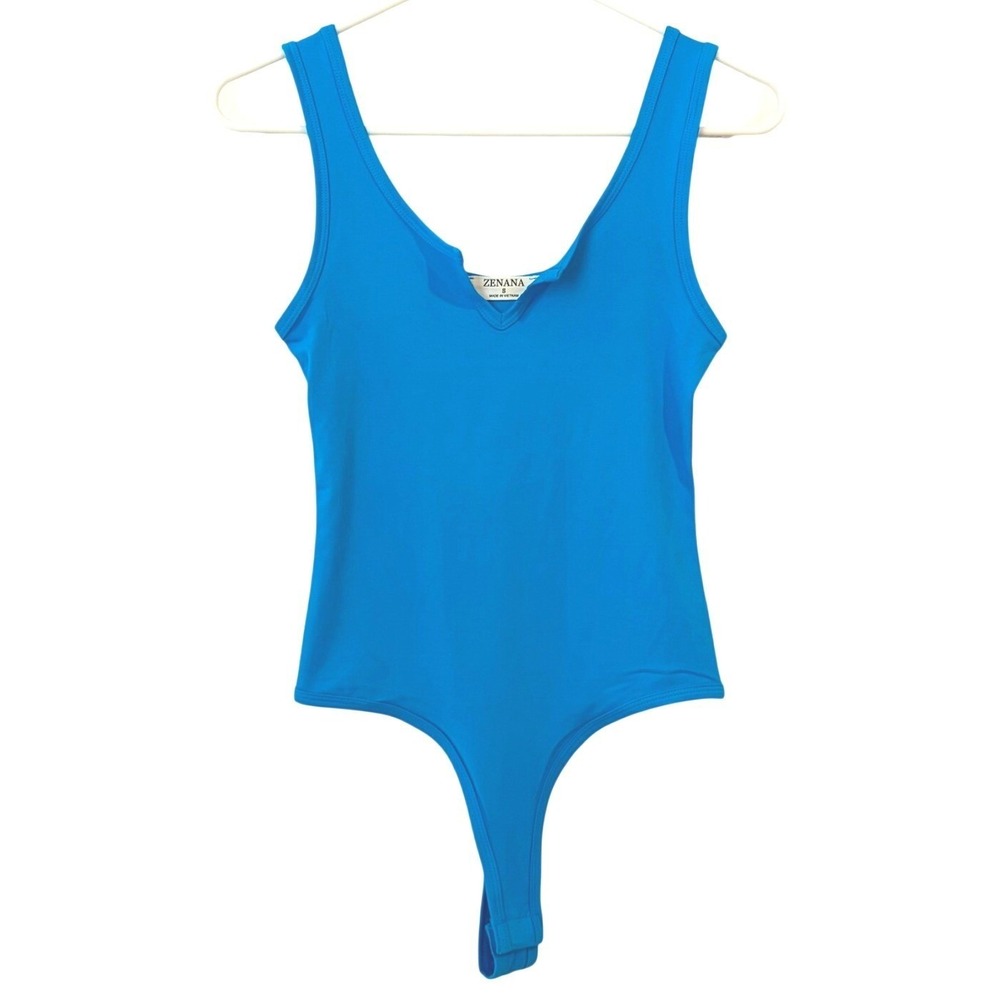 Zenana Blue Notched V-Neck Thong Bodysuit SMALL